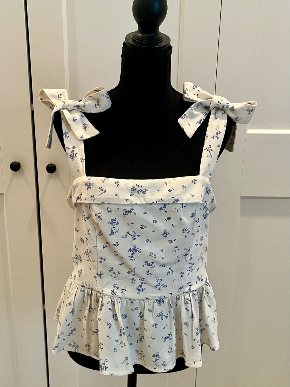 Altar'd State Cream Floral Bow-Tie Straps Peplum Top with Blue Floral Print Sz M